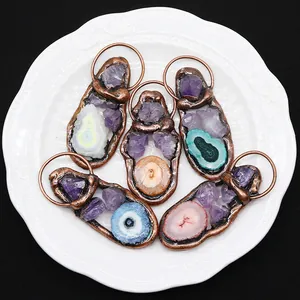 5-piece set of natural amethyst and agate pendant charms with antique bronze metal frames