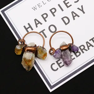 Natural amethyst and citrine crystal cluster pendants in vintage punk style with metal loops