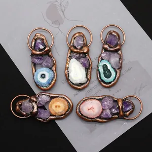 Set of five natural agate and amethyst pendants with vintage copper plated edges