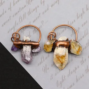 Vintage amethyst and citrine crystal cluster pendants with copper wire wrap handmade style