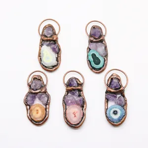 5-piece set of natural amethyst druzy and agate slice pendants with copper plating