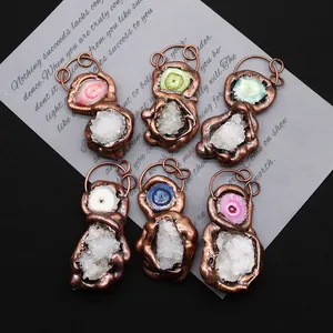 Set of 6 natural stone pendants with white crystal clusters and bronze wire wrapping