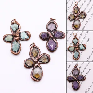 Vintage Electroplated Copper Natural Raw Stone Pendants Cross Flower Shape DIY Amethyst Citrine Amazonite Jewelry Making