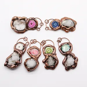 Set of 6 vintage handmade irregular natural druzy crystal pendants with bronze plating
