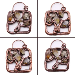 Vintage Electroplated Copper Square Natural Stone Pendant Raw Citrine Branch Design DIY Jewelry Making Necklace Accessory