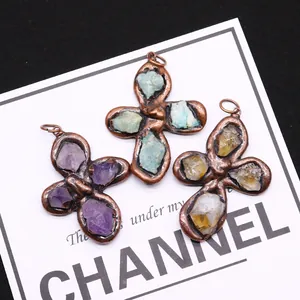 Natural crystal stone pendants with vintage bronze four-leaf flower frames for DIY jewelry