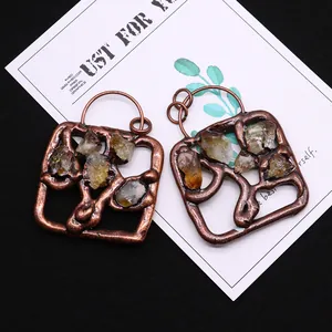 Vintage bronze square pendant earrings with raw citrine crystals in organic frames