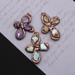 Natural stone four-leaf flower pendant in vintage bronze plating with raw crystal inlay