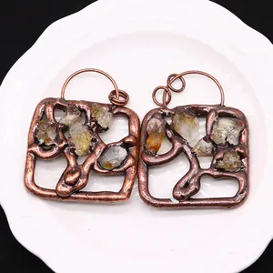 Square bronze pendant with natural raw citrine stone and artistic branch texture