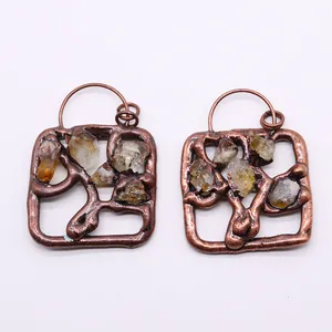 Vintage bronze square openwork earrings with natural raw citrine stones in a tree branch design