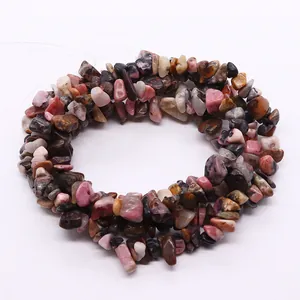 Irregular natural stone chips jewelry handmade with pink and black rhodonite beads