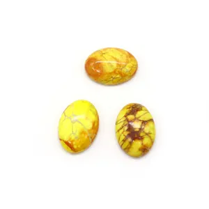 Trois cabochons ovales en pierre impériale jaune avec veines brunes pour bijoux DIY