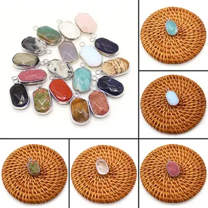 Faceted Oval Natural Stone Pendant With Silver Plated Edge Crystal Agate Gemstone Charm For DIY Jewelry Making Accessories