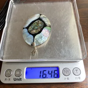 Vista macro de colgante de concha de abulón de 16,46 g en báscula para joyería artesanal