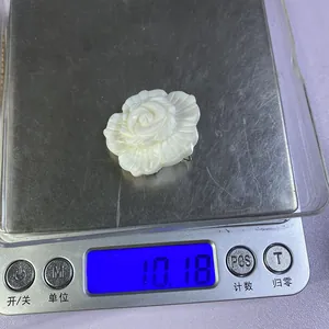 Mesure du poids d'un pendentif rose en nacre blanche affichant 10,18 grammes sur une balance