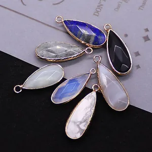 Set of 7 teardrop natural stone pendants with gold plated edges and loops in various colors