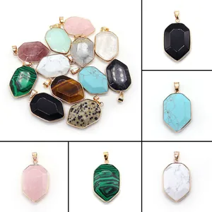 Faceted Natural Stone Shield Pendant Only (Without Chain) With Gold Plated Copper Edge Malachite Rose Quartz Turquoise Agate For DIY Jewelry Making Necklaces Charms