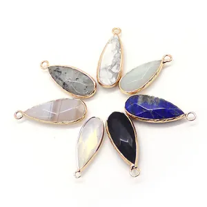Set of 7 colorful teardrop semi-precious stone pendants with gold plated edges for DIY jewelry
