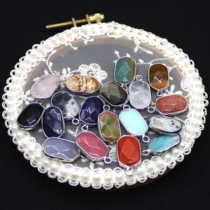 Faceted oval natural stone pendants with silver plated edges for DIY jewelry making
