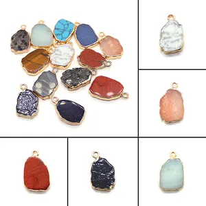 Irregular Natural Stone Pendant Tiger Eye Gold Sandstone Blue Turquoise With Electroplated Copper Edge For DIY Necklace Jewelry Accessories