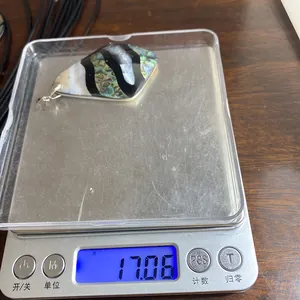 Vista detallada del colgante de concha de abulón con un peso de 17,06 gramos en báscula