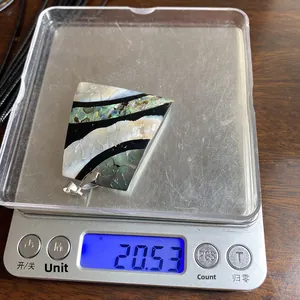 Macro de un colgante de concha en una báscula digital con un peso exacto de 20,53g