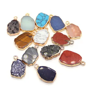 Set of irregular natural stone pendants with gold plated edges for DIY jewelry necklaces
