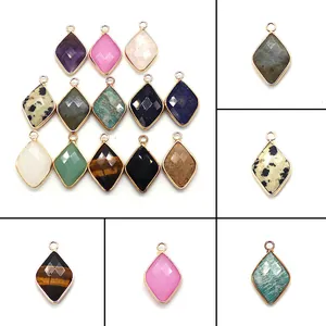 Natural Stone Rhombus Faceted Pendant Only (Without Chain) With Electroplated Copper Edge For DIY Jewelry Making Accessories