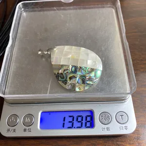Dettaglio di un ciondolo in conchiglia di abalone su bilancia digitale da 13,98 grammi
