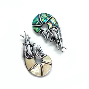 Vintage zilveren garnalen broche set met natuurlijke abalone schelp en parelmoer