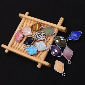 Natural stone rhombus faceted pendants in various colors with silver plated edging