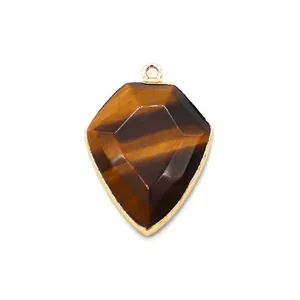 Macro shot of tiger eye shield pendant with faceted cut and gold plated metal frame