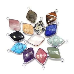 Set of faceted diamond-shaped natural stone pendants with silver metal plating for DIY jewelry