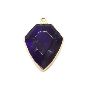Detailed view of dark purple shield-shaped amethyst pendant with gold plated edges