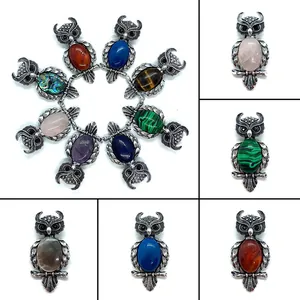Vintage Owl Brooch Pendant Natural Stone Shell Inlaid Alloy Animal Jewelry Making Accessories For Women Men DIY Jewelry