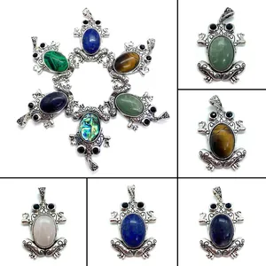 Vintage Frog Pendant Natural Stone Abalone Shell Inlaid Alloy Scrollwork For DIY Necklace Making Jewelry Gift Women