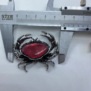 Detaillierte Messung einer Vintage-Silber-Krabbenbrosche mit tiefrotem ovalem Steininlay