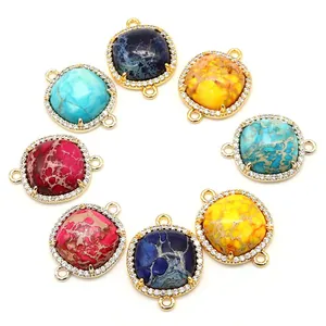 Set of 8 natural stone connectors with rhinestone border for DIY jewelry making