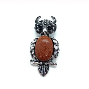 Vintage owl pendant with natural tiger eye stone and silver metal details