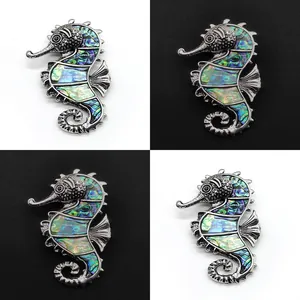 Vintage Abalone Shell Seahorse Brooch Pendant Nautical Zinc Alloy Inlaid Shell Jewelry Accessory For Women Gift