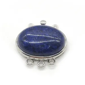 Macro view of blue lapis stone connector with 5-hole silver metal buckle for jewelry