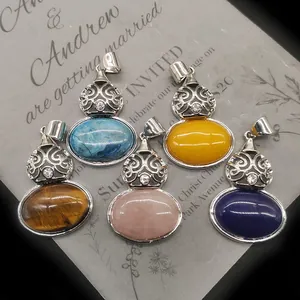 Gourd natural stone pendants in silver hollowed alloy set with colorful crystal gems