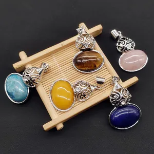 Natural stone gourd pendants set with zinc alloy crystal inlay for DIY jewelry making