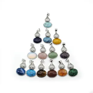 Assorted natural stone teardrop pendants in zinc alloy vintage settings for jewelry making
