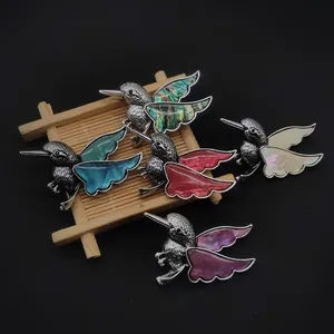 Lot de 5 pendentifs colibri colorés avec incrustation de nacre naturelle et métal argenté