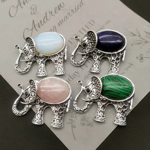 Elephant-shaped zinc alloy pendants featuring assorted natural stones and shell inlays