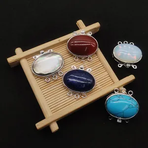 Oval natural stone and shell charms in silver zinc alloy for DIY jewelry making