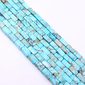 Macro shot of rectangular blue turquoise beads with natural brown matrix for DIY jewelry