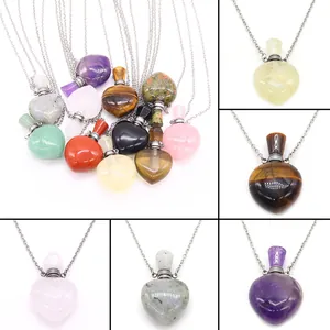 Natural Stone Heart Perfume Bottle Pendant Necklace Stainless Steel Chain Essential Oil Diffuser Aromatherapy Jewelry Gift