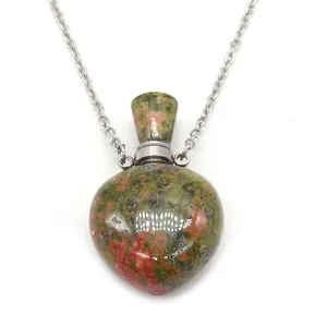 Heart-shaped natural green stone essential oil bottle necklace with silver chain
